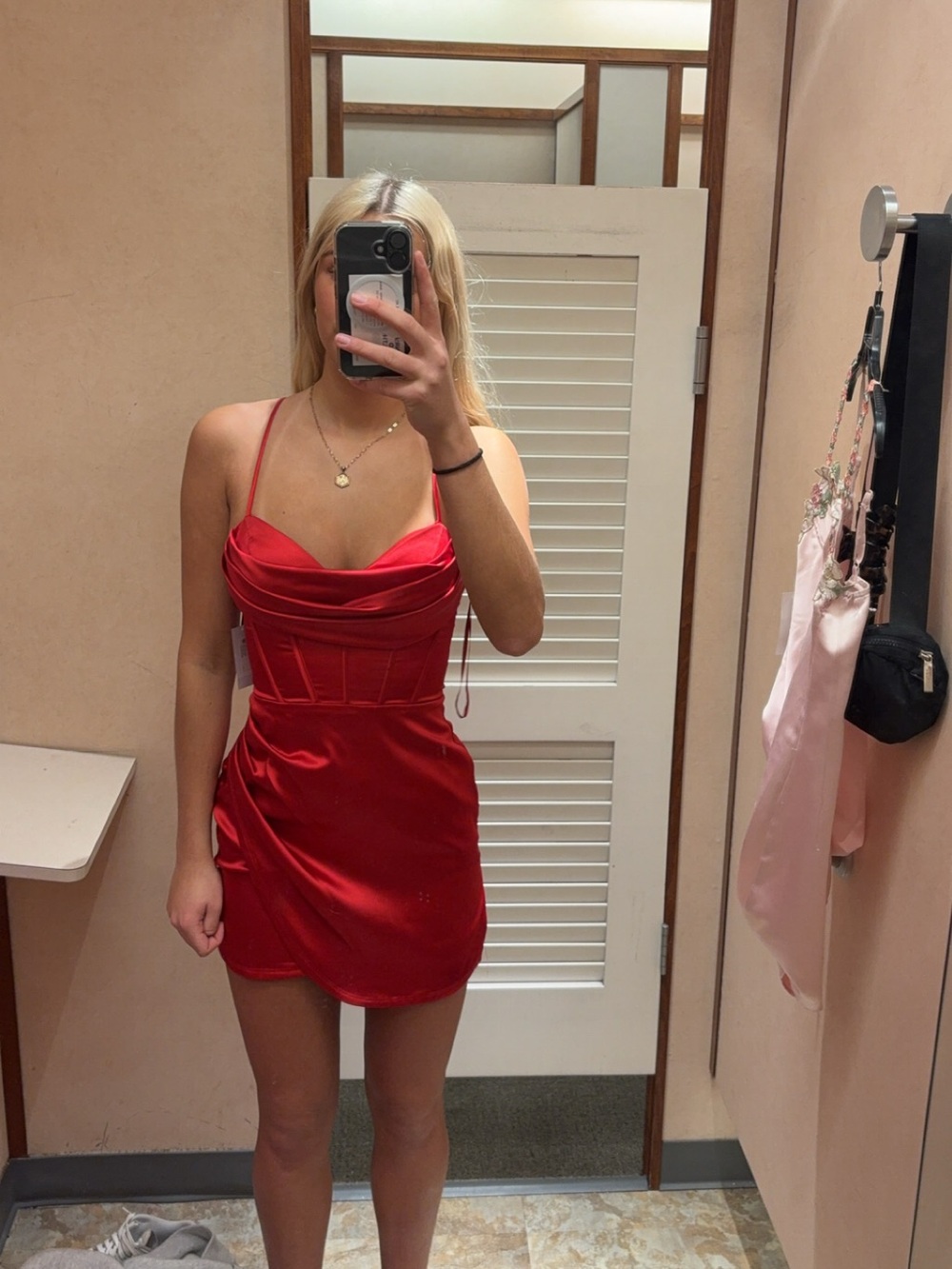 Red Satin Strapless Mini Dress with Draped Skirt - Women's Party Dress - Picture 2 of 3